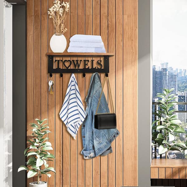 Towel Rack Towel Rack with Wooden Holder for Bathroom, Storage Organizer  Black 6-Hooks
