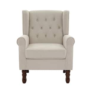 Modern Beige Linen Upholstered Button High Back Accent Arm Chair with Wood Legs (Set of 1)