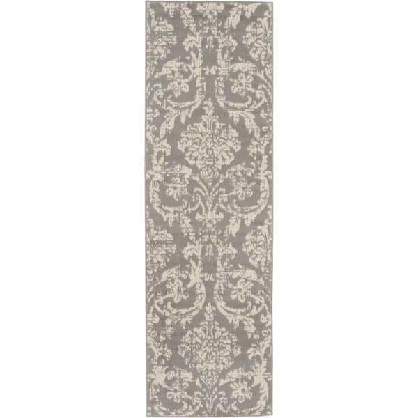 Nourison Jubilant Grey 2 ft. x 6 ft. Damask Transitional Runner Area Rug