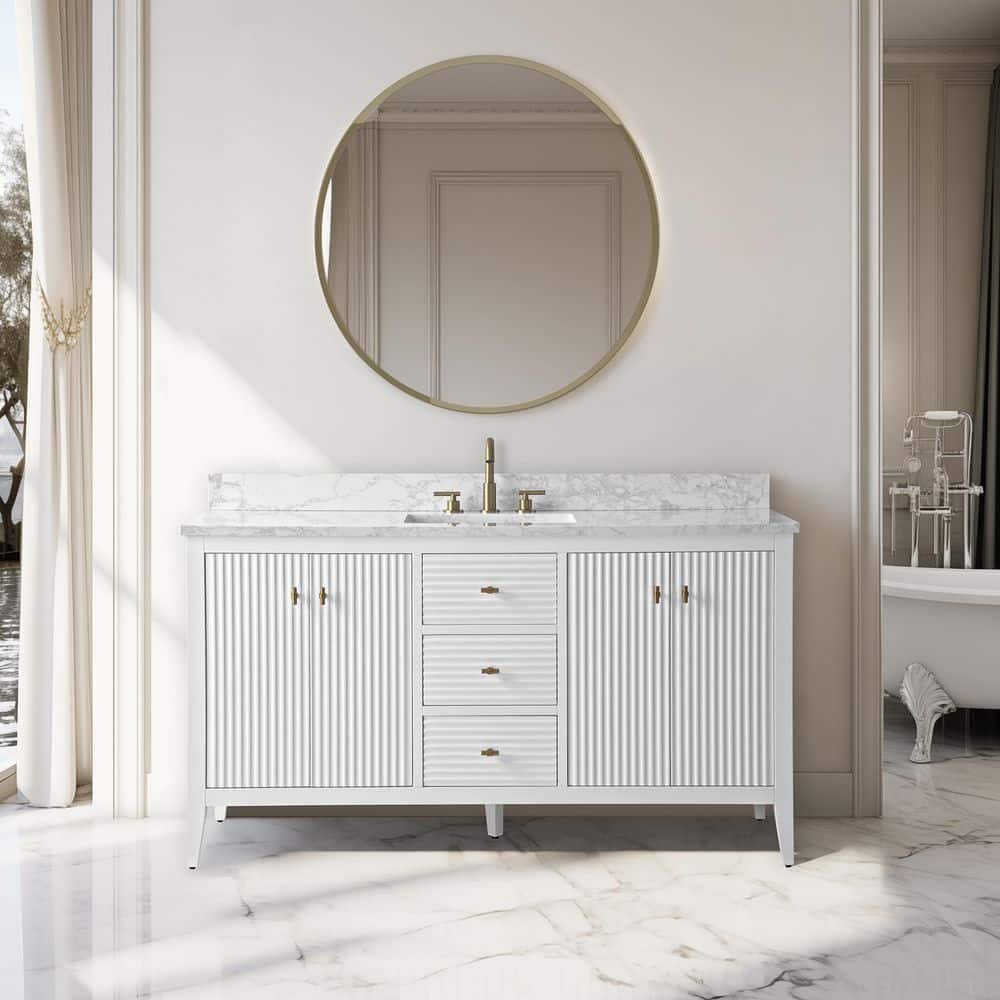 60 in. W x 22 in D x 38 in. H Single Sink Bath Vanity Cabinet in Linear White with White Engineered Marble Top price history on PriceWatchPro