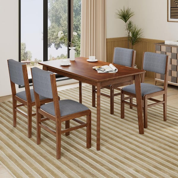 Aurelo Modern Rustic 5-Piece Rectangle MDF Top Dining Table Set with 4 Upholstered Chairs, 4 Seats, Brown + Gray