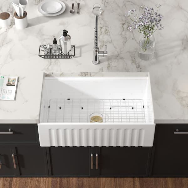 33 in. x 20 in.Farmhouse / Apron Front Ceramic White Single Bowl Workstation Kitchen Sink with Sink Accessories