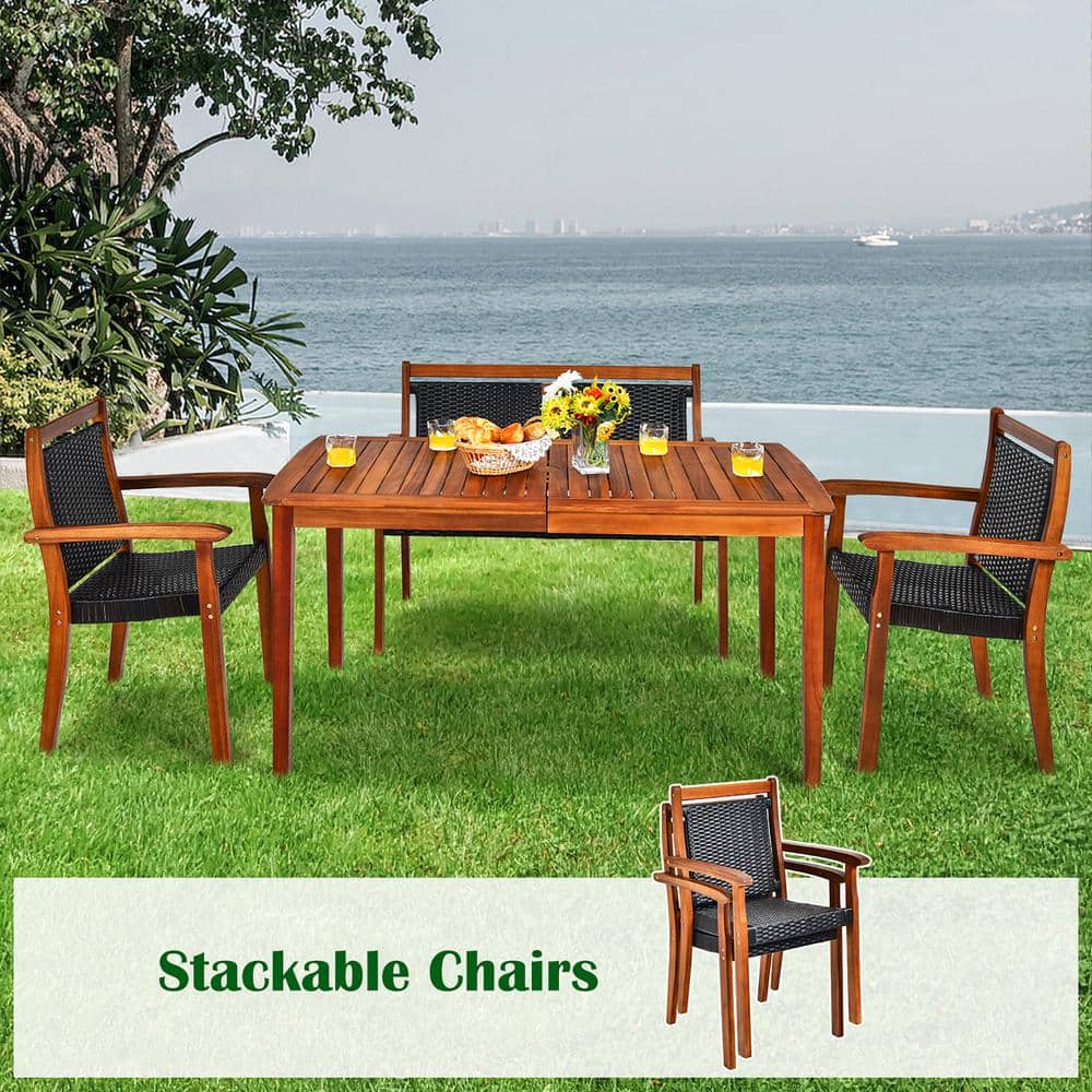 4-Piece Brown Wood and Black Rattan Patio Dining Set