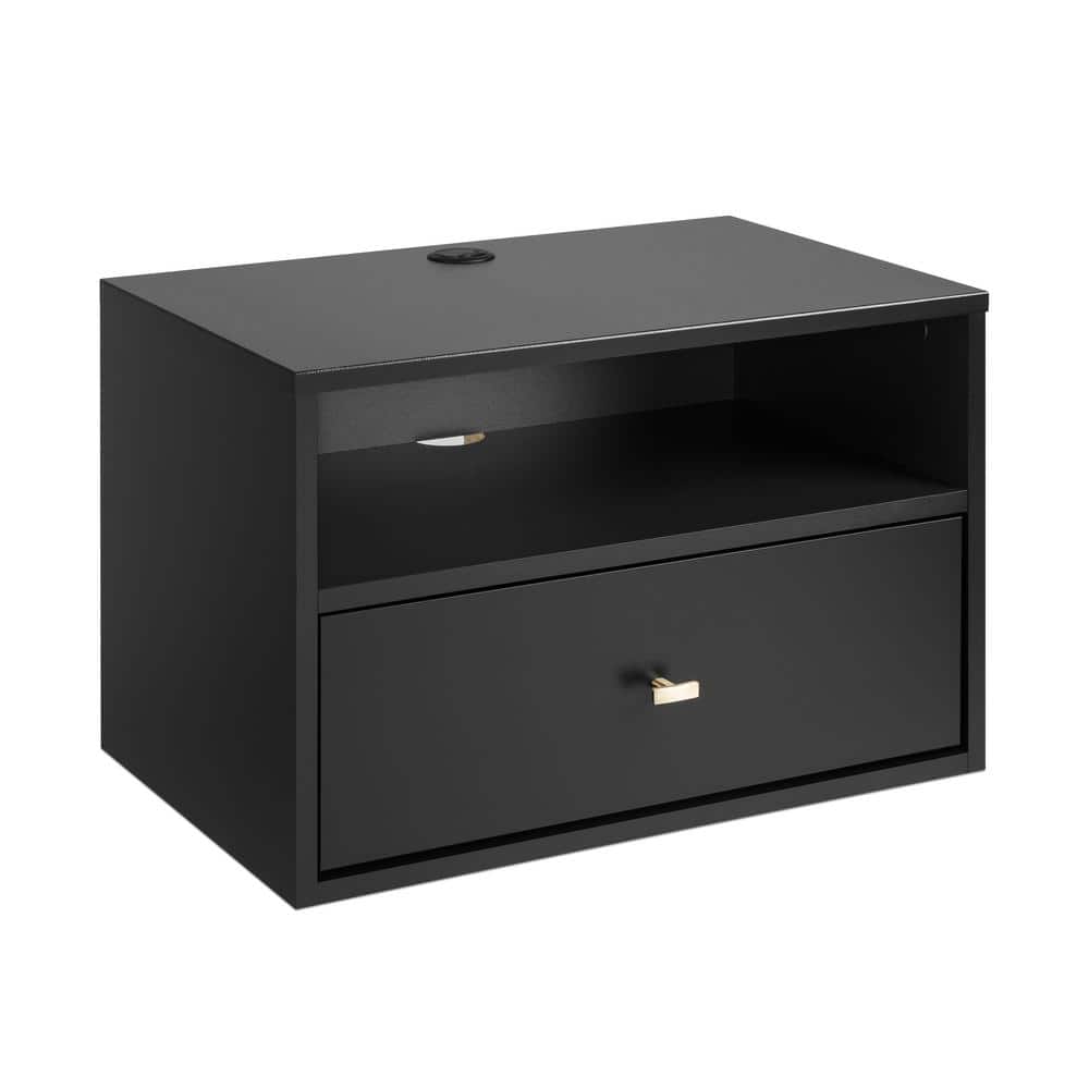 Sleek Black Floating Nightstand with Drawer and Open Shelf