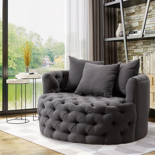 Gray Modern Tufted Linen Lounge Swivel Barrel Chair CUU17210 The