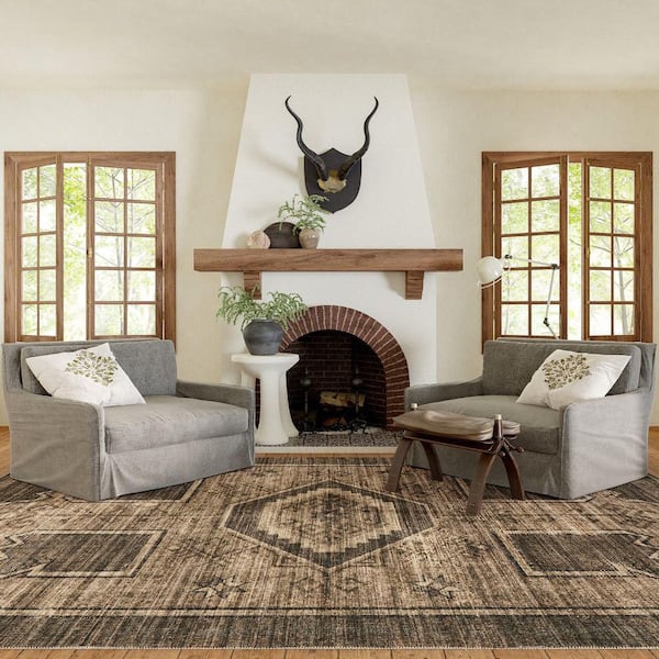 Sagebrush Geometric Machine Washable Dark Brown 10 ft. x 14 ft. Indoor/Outdoor Patio Rug
