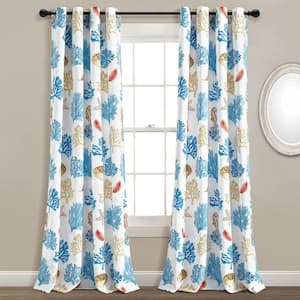 Coastal Reef Feather 52 in. W x 84 in. L Light Filtering Grommet Window Curtain Panels in Blue/Coral