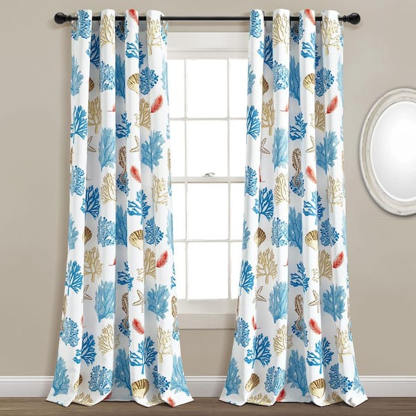 HOMEBOUTIQUE Coastal Reef Feather 52 in. W x 84 in. L Light Filtering Grommet Window Curtain Panels in Blue/Coral