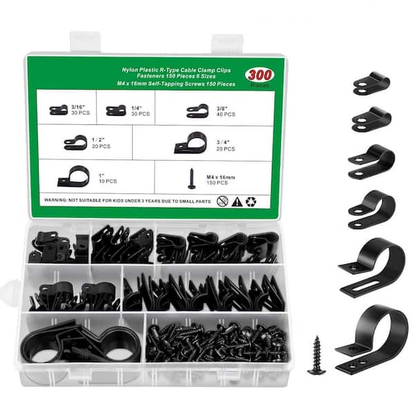 Cable Clips Assortment Kit Cord Organizer Nylon R-Type Screw Mount Fastener Clamp 6-Sizes Black 300 -Pieces