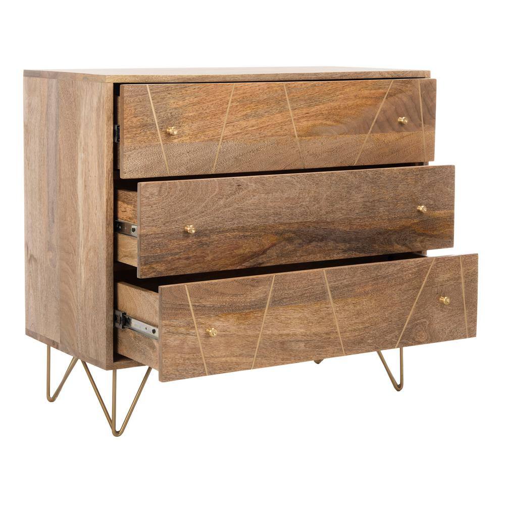 Transitional 32'' Natural Wood and Brass 3-Drawer Chest