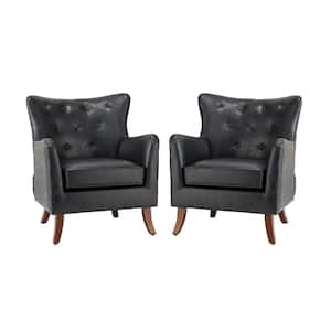 Germano Black Vegan Leather Wingback Armchair with Wooden Legs Set of 2
