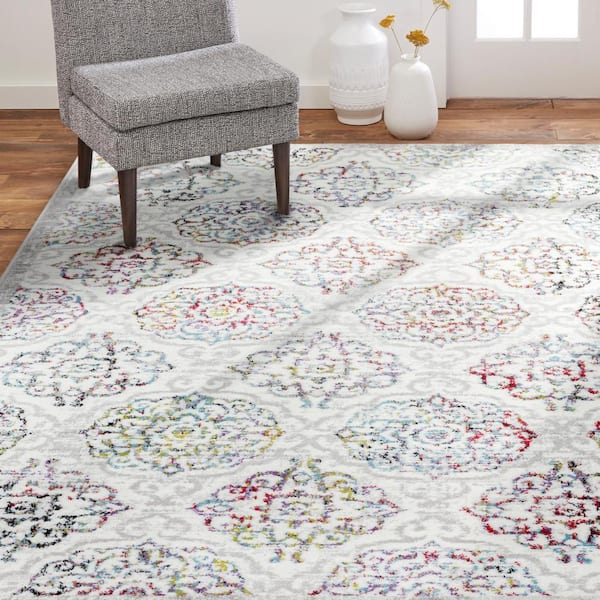 Boho Andorra Ivory/Blue 5 ft. x 7 ft. Damask Area Rug
