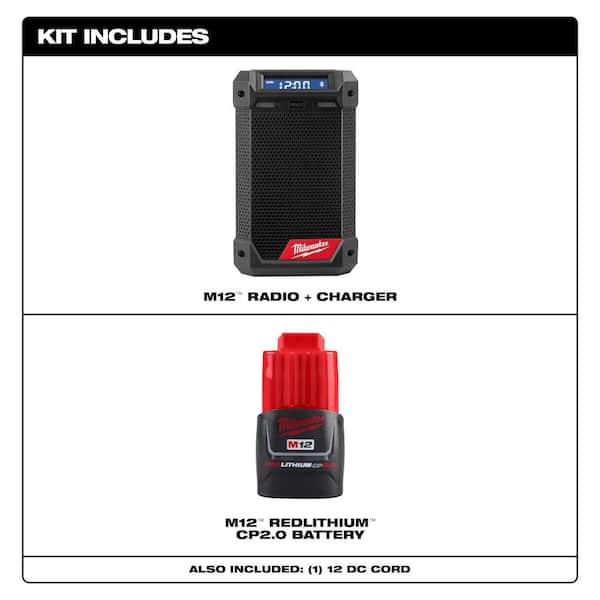 M12 12-Volt Lithium-Ion Cordless Bluetooth/AM/FM Jobsite Radio with Charger with M12 2.0Ah Battery