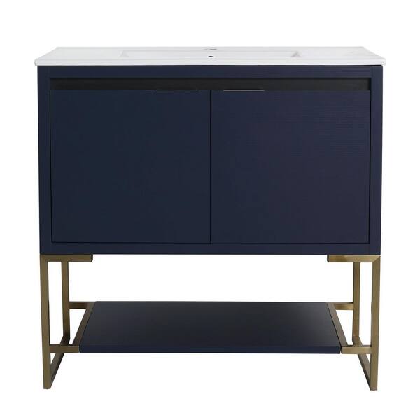 FUNKOL 36 in. W x 18 in. D x 35 in. H Freestanding Bath Vanity in Blue with White Ceramics Top