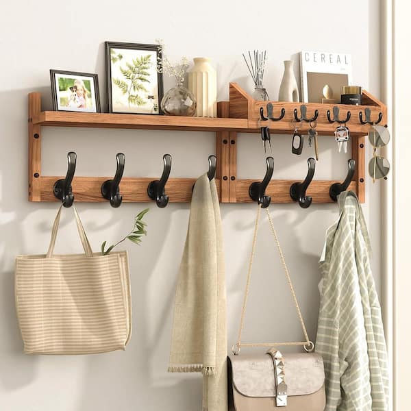 29 in. Coat Rack Wall Mount with Shelf, 4 in 1 Wall Mounted Coat and Key Hanger with 11 Hooks and Mail Holder, Brown
