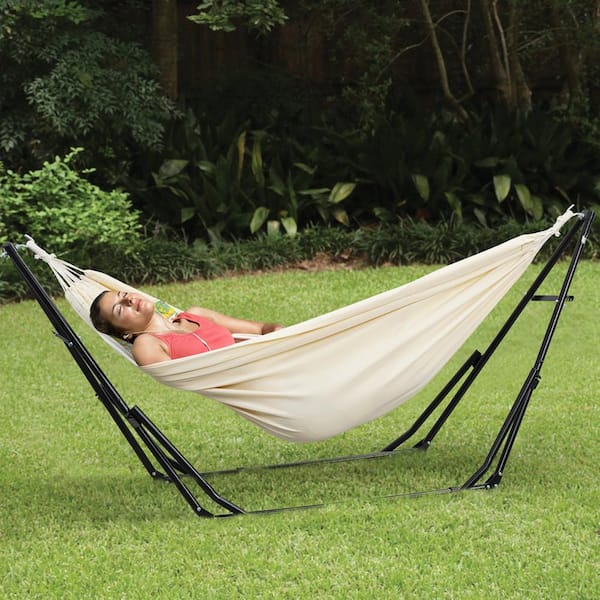 OVASTLKUY 8 ft. Portable Fabric Hammock with Stand in White H001-M 