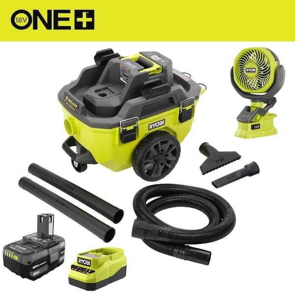 ONE+ 18V Cordless 6 Gal. Wet Dry Vacuum Kit with 4.0 Ah Battery, Charger, and ONE+ 18V Cordless 4 in. Clamp Fan