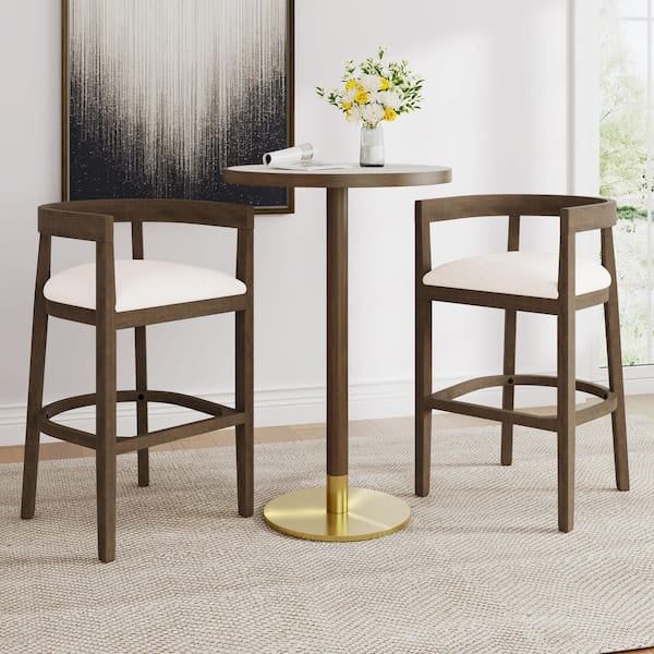 Timel 30 in. Solid Wood and Fabric Upholstered Bar Stools with Curved Backrest Footrest Beige Plus Walnut (Set of 2)