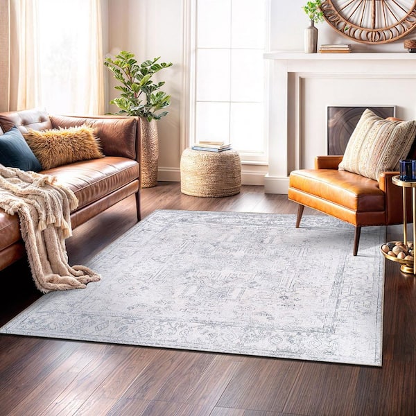 Vintage Inspired Distressed Machine Washable Blue 6 ft. 7 in. x 6 ft. 7 in. Square Area Rug