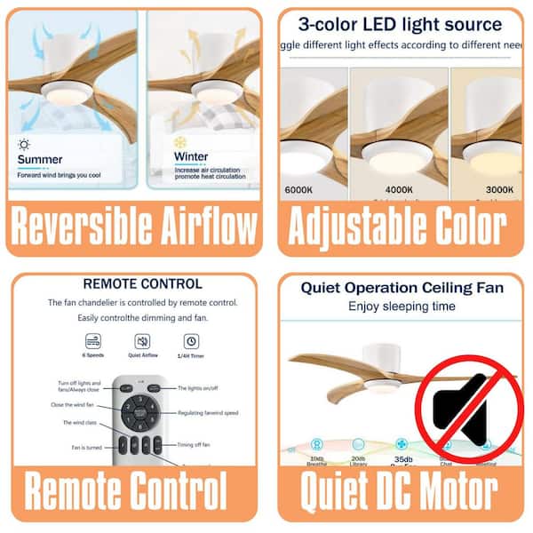 52 in. Standard White Flush Mount Ceiling Fan, Solid Wood Blades with Light, 6 Speed Noiseless Reversible Motor, Remote