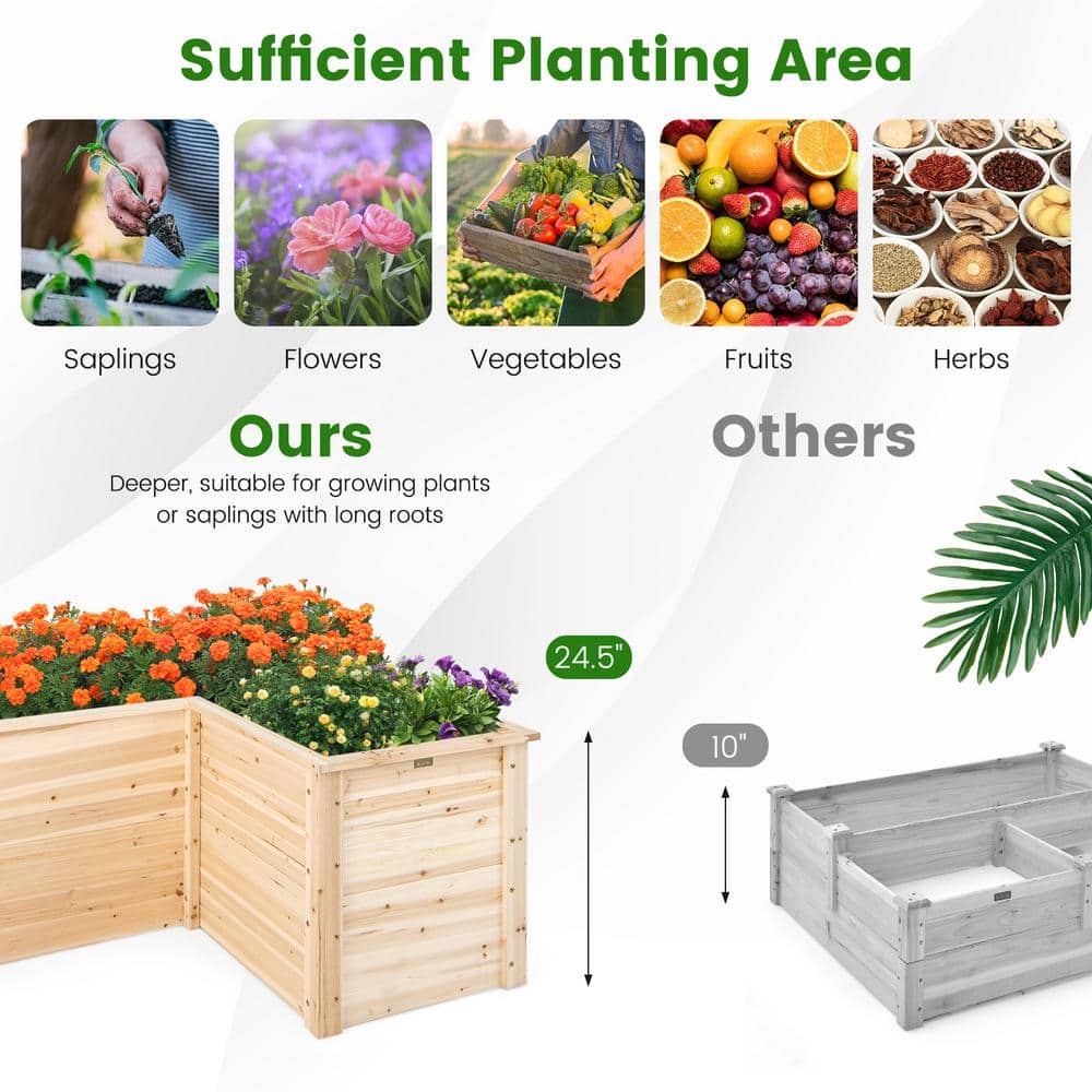 Natural Fir Wood L-Shaped Raised Garden Bed for Patio