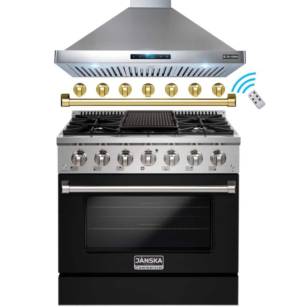 36 in. 520 CFM Wall-Mount Range Hood and 36 in. 5.2 cu. ft. Gas Range with Convection Oven and Griddle in Matte Black