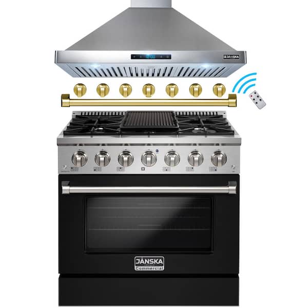 JANSKA 36 in. 520 CFM Wall-Mount Range Hood and 36 in. 5.2 cu. ft. Gas Range with Convection Oven and Griddle in Matte Black