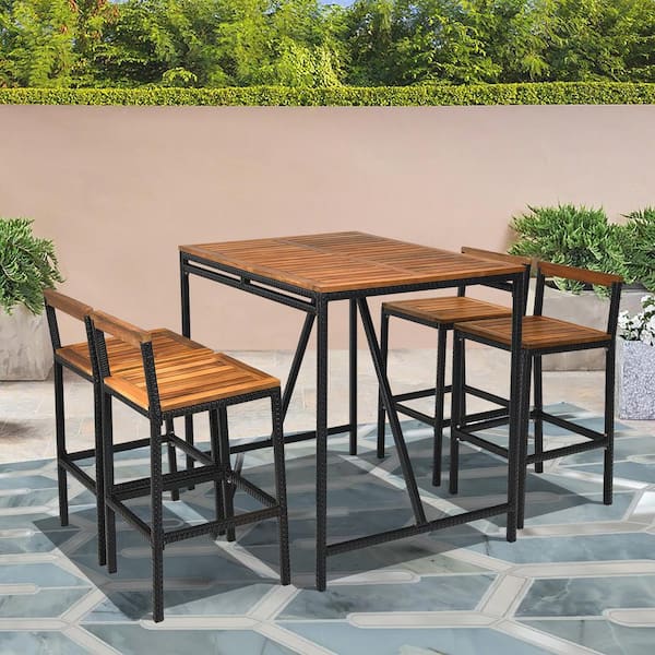 5-Piece Acacia Wood Outdoor Bistro Set with 4-Bar Stools, Bar Table, Umbrella Hole