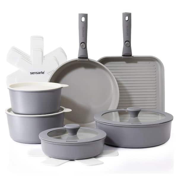 17-Piece Aluminum Nonstick Detachable Handle Cookware Set in Gray, Granite Non-Stick Coating, Dishwasher Safe