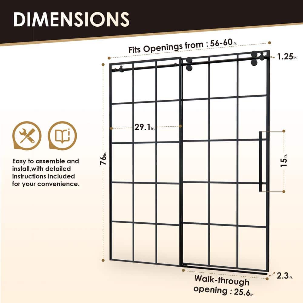 Esense 60" Matte Black Frameless Sliding Shower Door with Clear Glass