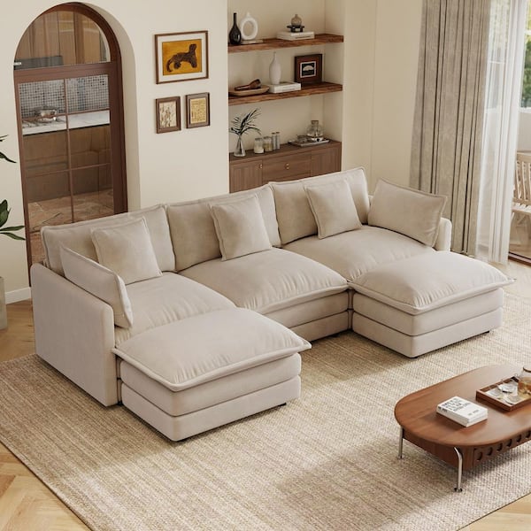 Modern 103.8 in. Square Arms Chenille U-Shaped Sectional Sofa in Light Coffee with 2 Ottomans