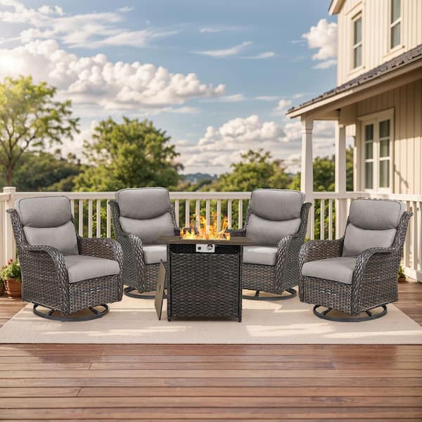 Luxury 5-Piece Brown Wicker Fire Pit Conversation Set with Olefin Gray Cushions and Swivel Glider Rocking Chairs