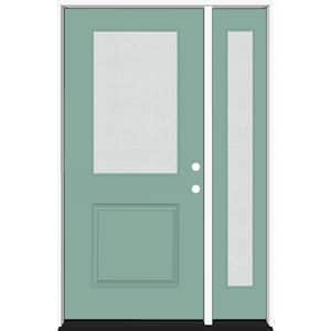 Legacy 51 in. W. x 80 in. 1/2 Lite Rain Glass LHIS Primed Quarry Finish Fiberglass Prehung Front Door with 12 in. SL