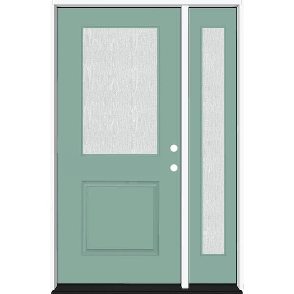 Steves & Sons Legacy 53 in. x 80 in. 1/2 Lite Rain Glass LHIS Primed Quarry Finish Fiberglass Prehung Front Door w/14 in. SL