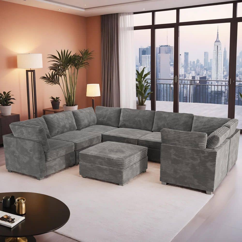 Allwex 130 in. Square Arm Modern 8-Piece Plush Corduroy U