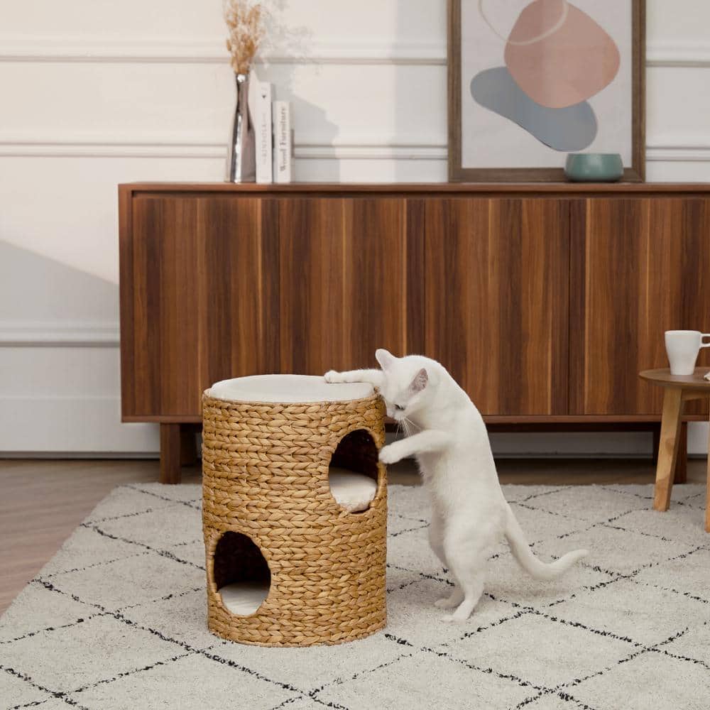 Tan Woven Water Hyacinth 3-Tier Cat Tower with Cushions