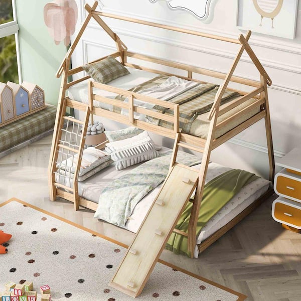 Polibi Natural Twin over Queen House Bunk Bed with Climbing Nets and Climbing Ramp
