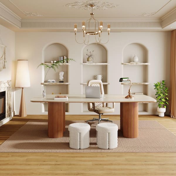 Capen 79 in. Rectangular Natural Sintered Stone Computer Desk with Solid Wood Legs, Seminar Table Home Office Working
