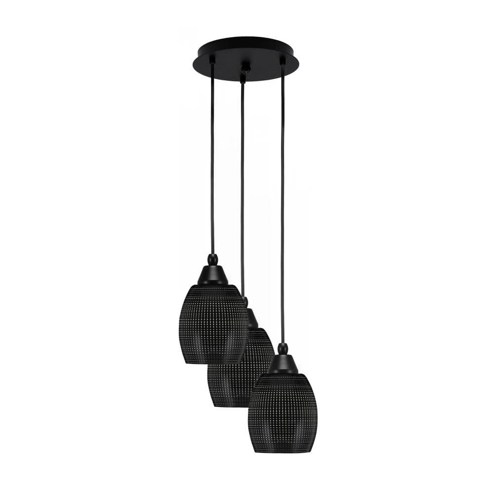 Savannah 9.5 in. 3-Light Matte Black Cord Pendant Light Black Matrix Glass 