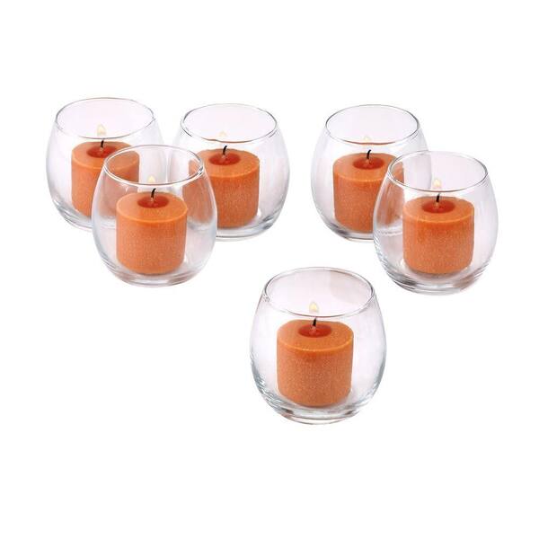 Light In The Dark Clear Glass Hurricane Votive Candle Holders with Orange Votive Candles (Set of 72)