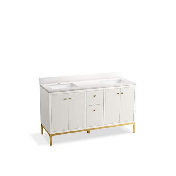 Calpa 60 in. White Bath Vanity Cabinet with Sinks and Quartz Top