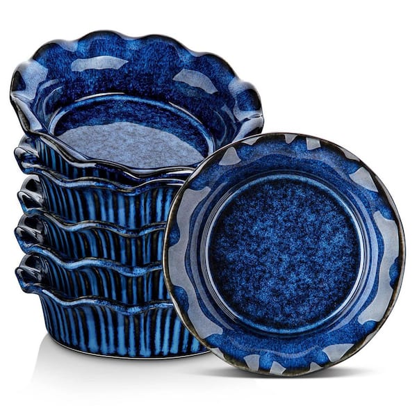 6-Pack 5.2 in. Mini Pie Pans, Ceramic Deep Dish with Ruffled Edge, Oven and Microwave Safe, Blue