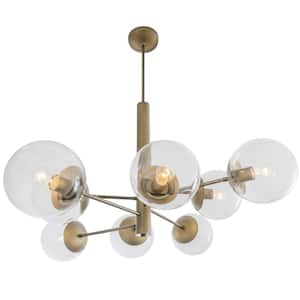 Mid-Century 8-Light Antique Brass Chandelier with Clear Glass