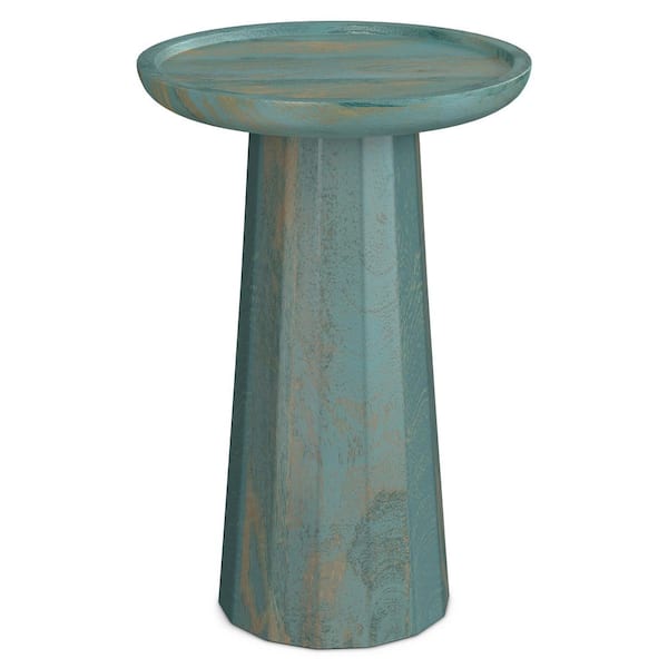 Simpli Home Dayton Solid Mango Wood 13 in. Wide Round Contemporary Wooden Accent Table in Teal Wash, Fully Assembled