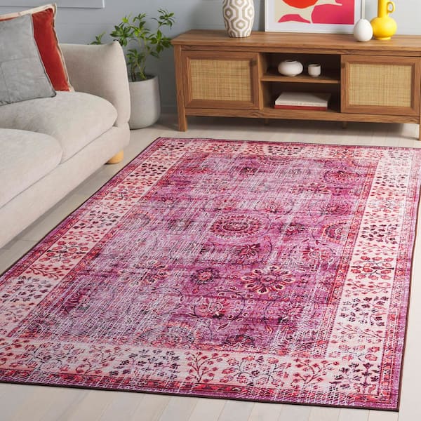 Tucson Fuchsia/Rust 4 ft. x 6 ft. Machine Washable Abstract Border Medallion Area Rug