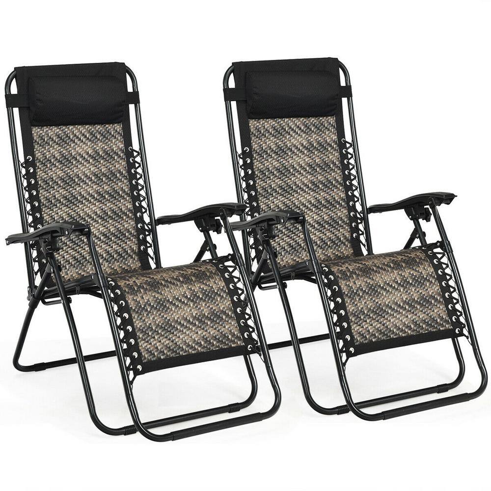 Folding Rattan Zero Gravity Metal Outdoor Lounge Chair in Gray (2-Pack)