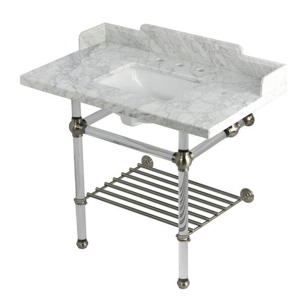 Kingston Brass Pemberton 36 in. Marble Console Sink with Acrylic Legs in Marble White Brushed Nickel