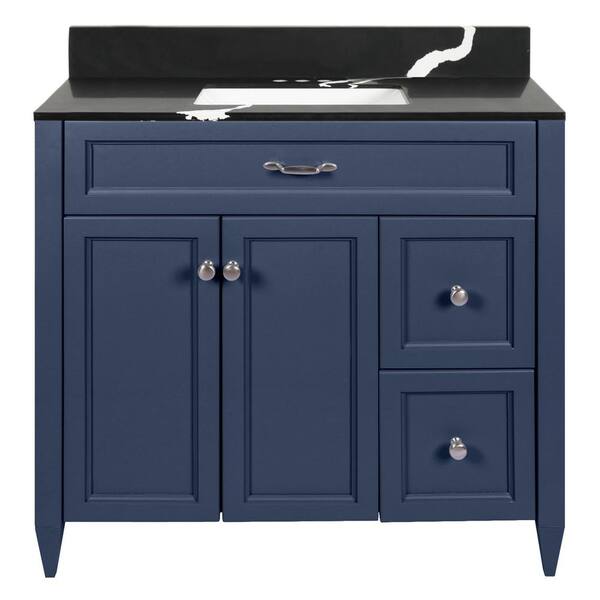 Ella Vail 37 in. W x 22 in. D x 36 in. H Bath Vanity in Navy Blue with Quartz Stone Calacatta Black Top with White Basin