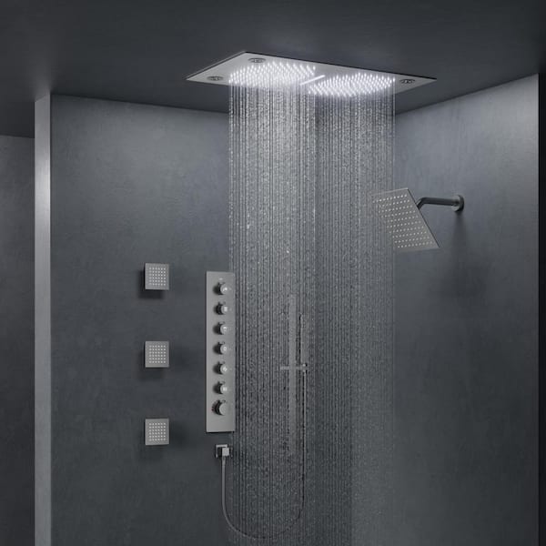 AuroraSymphony LED Bluetooth 6-Spray Ceiling Mount 28 and 10 in. Dual Showers 3-Jet Handheld 2.5 GPM in Brushed Nickel