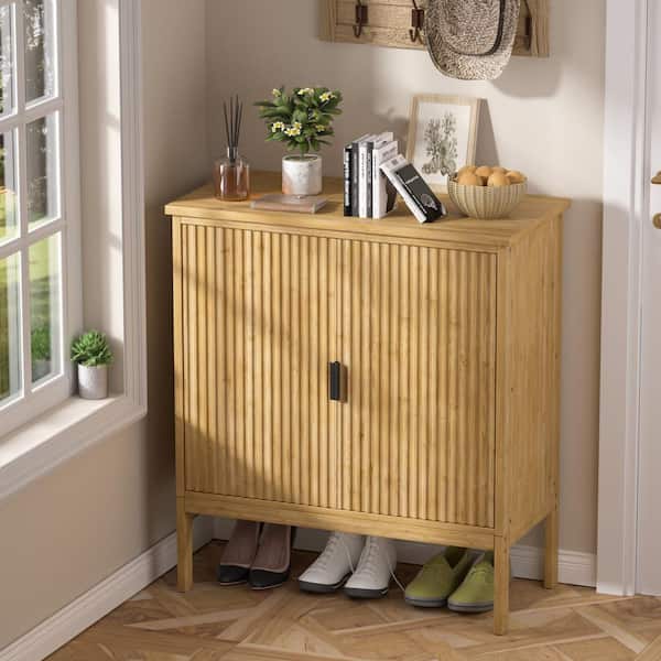 VEIKOUS Yellow Bamboo 31.4 in. W Sideboard Buffet Accent Storage Cabinet with Fluted Doors